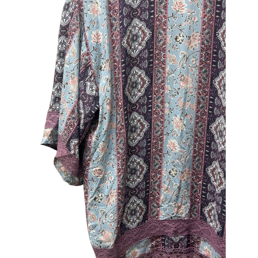 Andree by Unit Purple Lace Kimono M Paisley Fringe Boho Open Front‎ Shawl Jacket - Picture 7 of 10